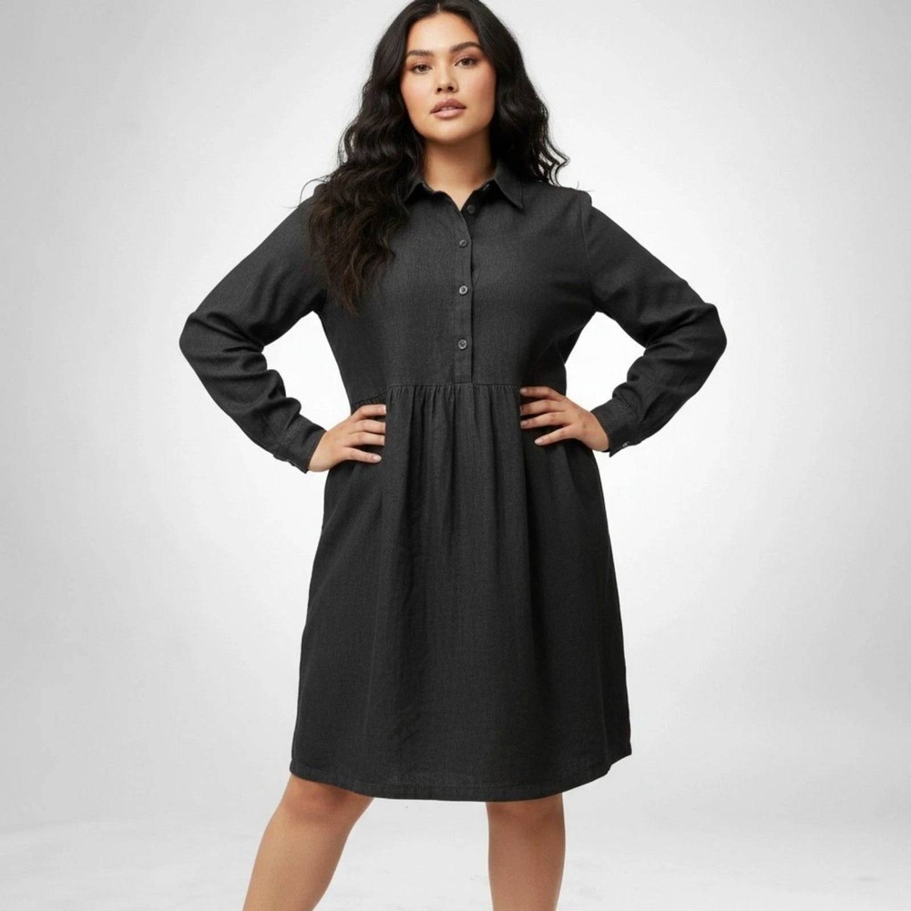 Nine West Griffen Shirt Dress Womens L Black Denim Button Front Cotton NWT